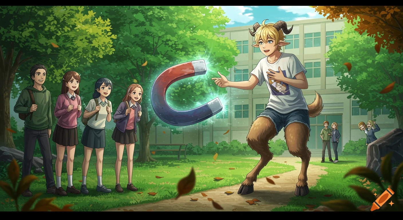 Anime style illustration of a blond satyr being repelled by a glowing horseshoe magnet from a group of human high school students in a schoolyard.