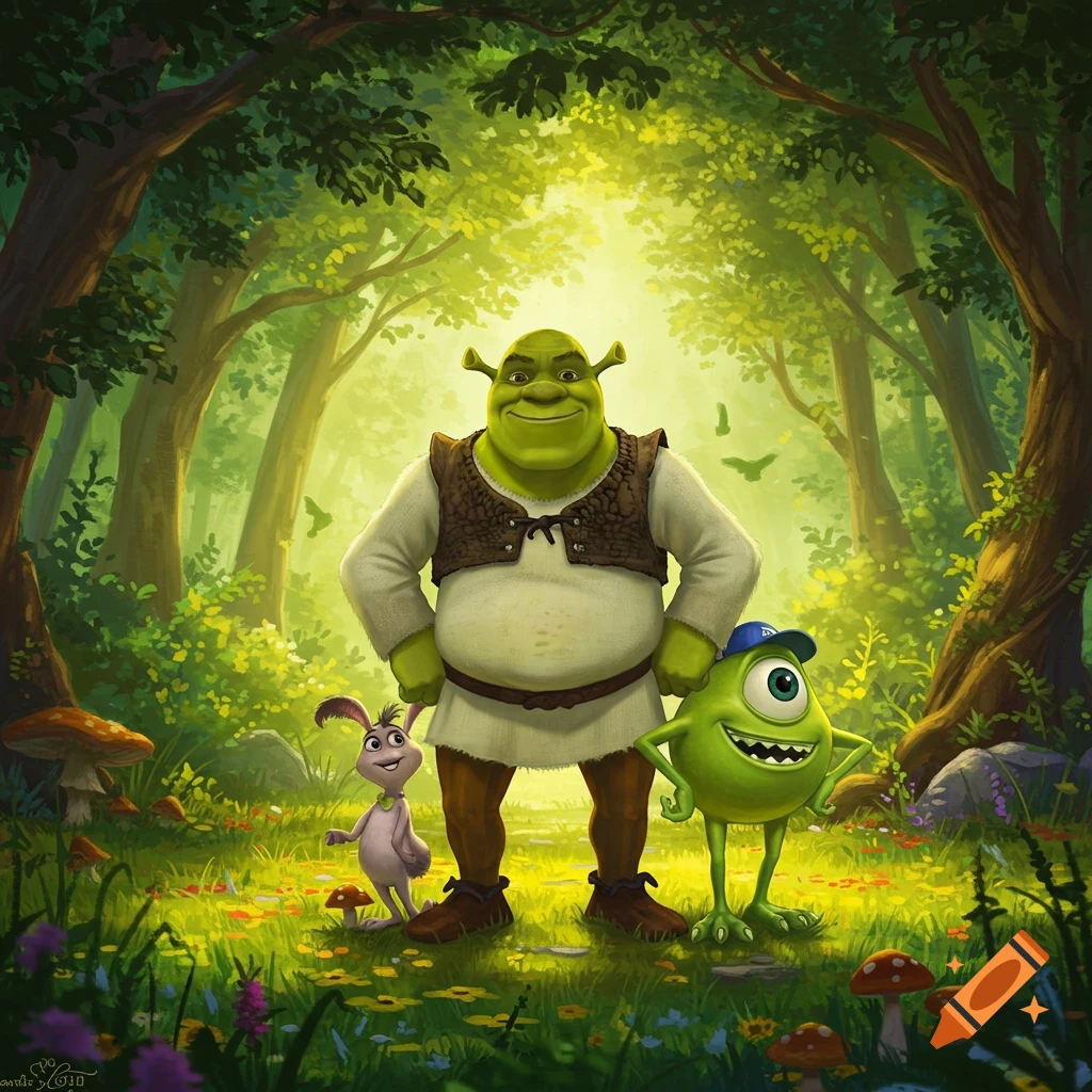 Shrek, a small rabbit-like creature, and Mike Wazowski in a blue cap stand in a vibrant, sunlit forest.