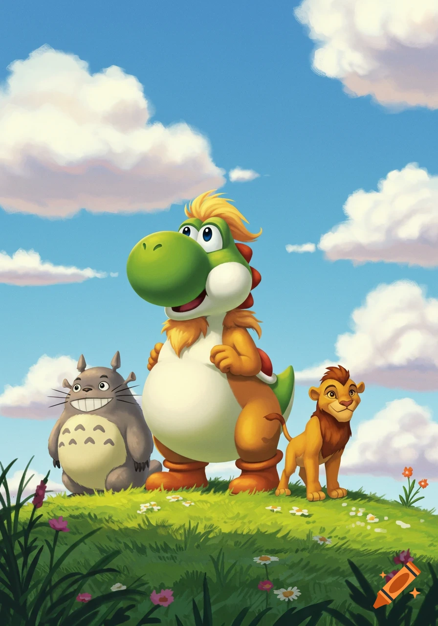 A cheerful cartoon shows a Yoshi-like character with a beard, a smiling Totoro, and a lion cub on a green hill.