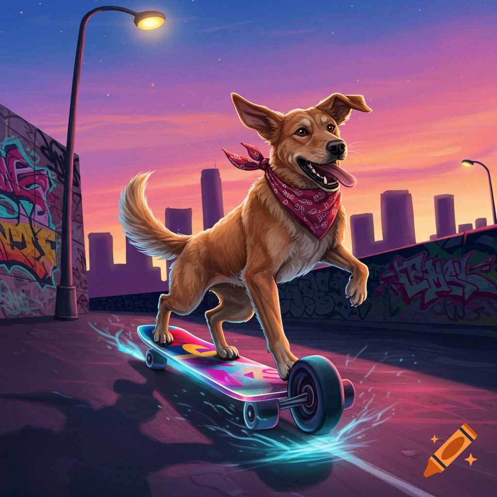A happy brown dog wearing a red bandana rides a glowing skateboard past graffiti walls with a city skyline at sunset in a vibrant illustration.