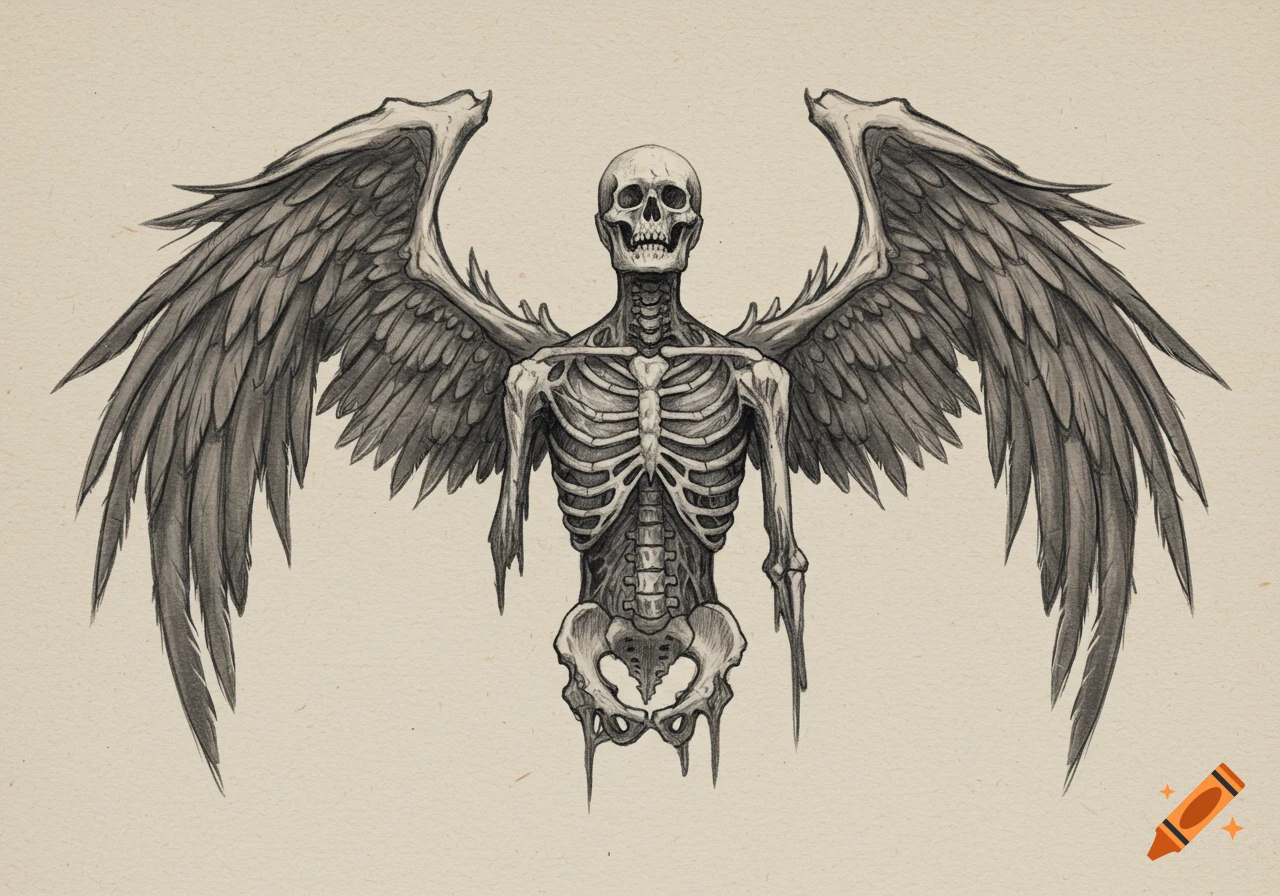 A detailed black and white sketch of a winged skeleton with bone wings, resembling a decomposing angel or demonic figure.