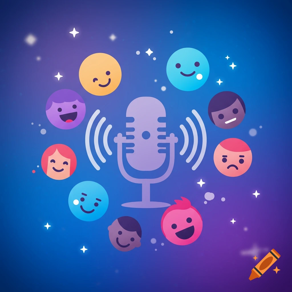 Cartoon illustration of a microphone surrounded by diverse emoji-like faces on a starry blue and purple background, representing voice chat.