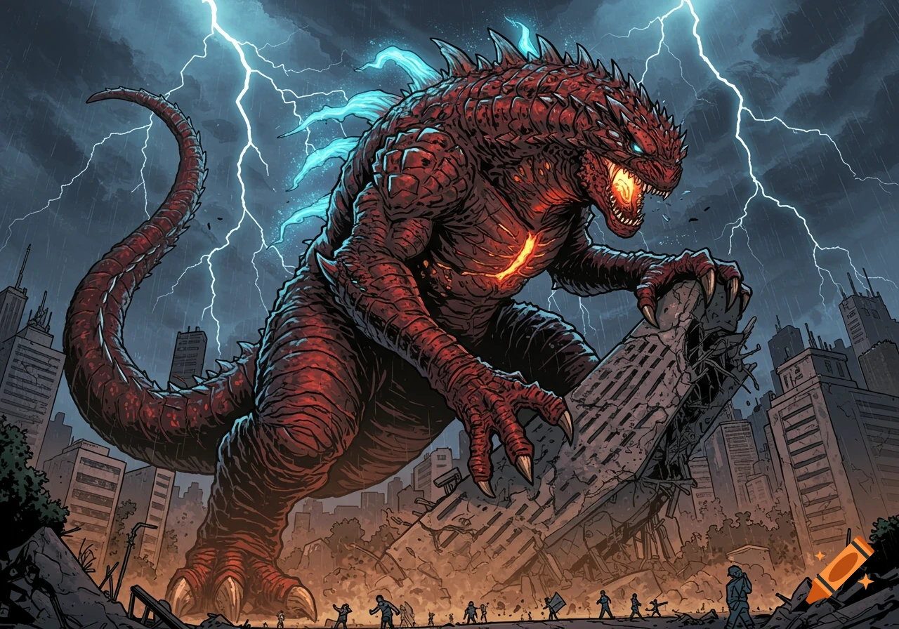 A red Kaiju monster with glowing chest and back fins rampages through a city under a lightning storm, in comic book style.