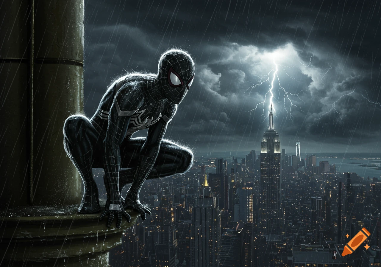 Symbiote Spider-Man crouches on a tall building, overlooking a rain-swept cityscape with lightning striking the Empire State Building.