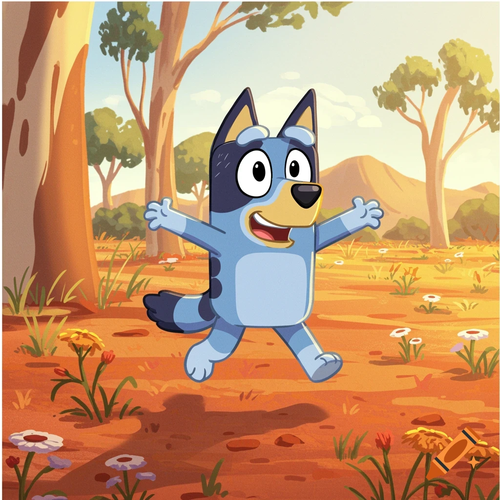 Bluey, a blue cartoon dog, joyfully runs through a sunny Australian bush landscape with red earth, trees, and wildflowers.