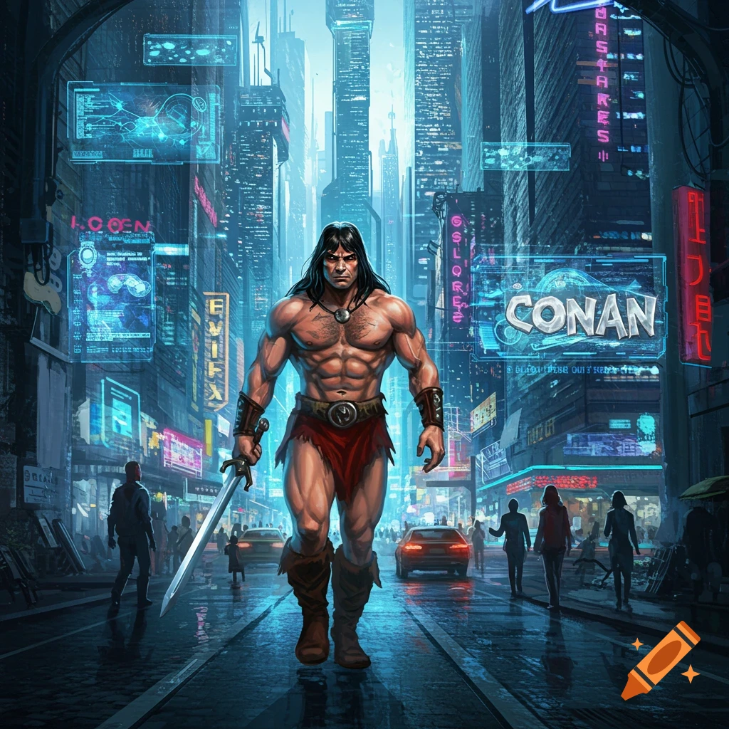 A muscular Conan, in a loincloth and holding a sword, walks down a futuristic cyberpunk city street illuminated by neon signs and holographic displays.