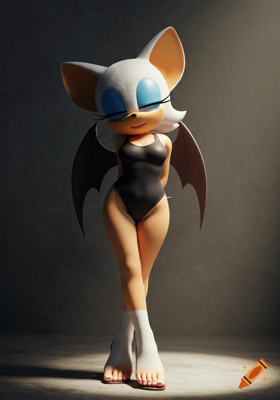 A 3D render of Rouge the Bat in a sleek black one-piece swimsuit and white open-toe socks, standing with her eyes closed.
