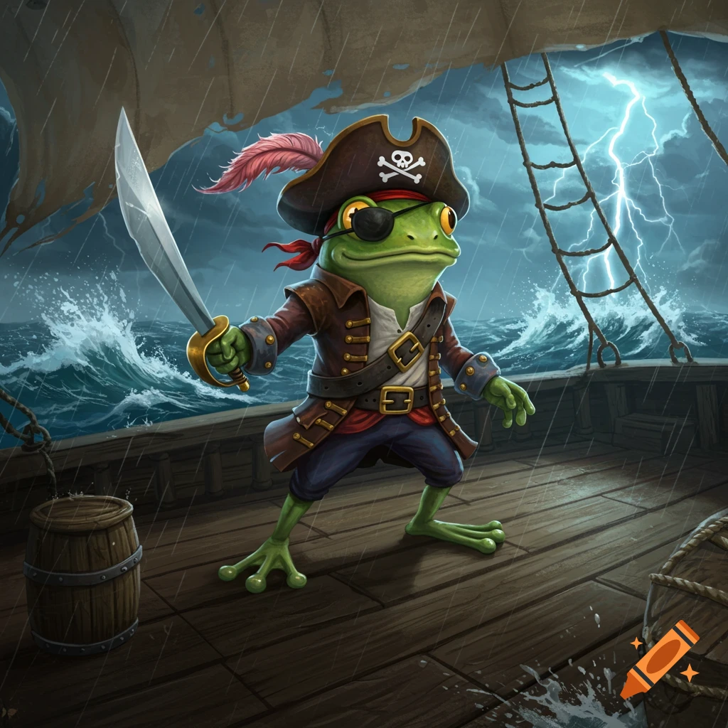 A cartoon pirate frog with an eye patch holds a sword on a ship deck during a storm.