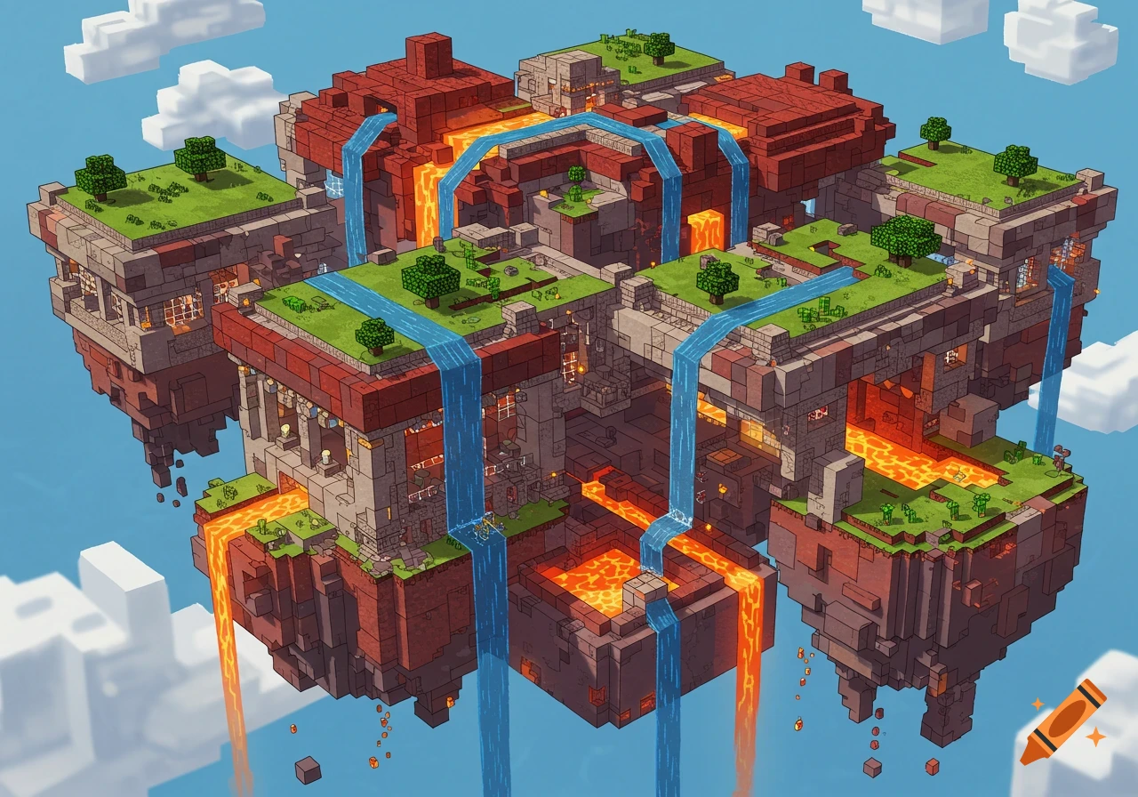 A vibrant Minecraft-style isometric illustration of a complex floating geometric structure with waterfalls, lava flows, and green islands.