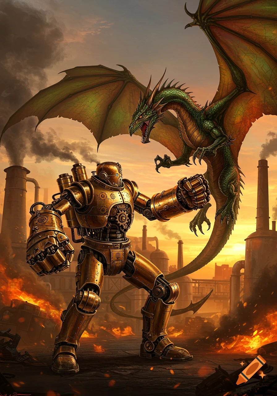 Golden steampunk robot battles a green dragon over a fiery industrial landscape with smokestacks.