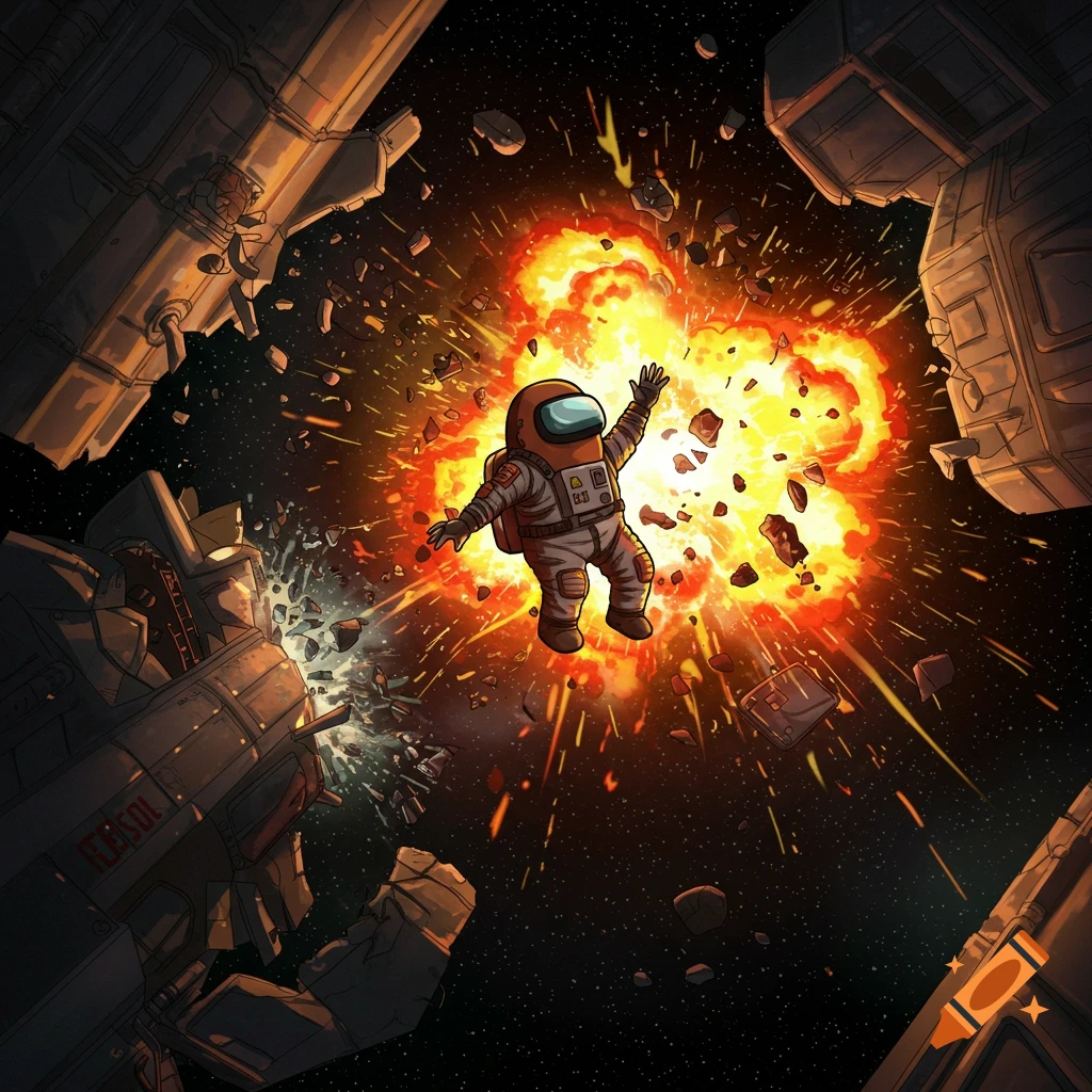 An orange Among Us character explodes in space with debris flying around a destroyed spaceship. Cartoon style.