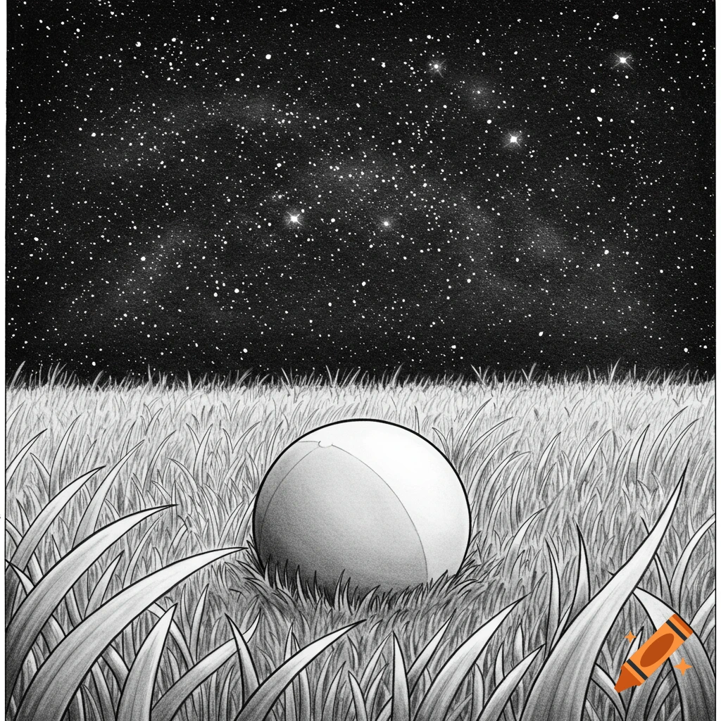 Black and white pencil drawing of a ball in tall grass under a starry night sky.