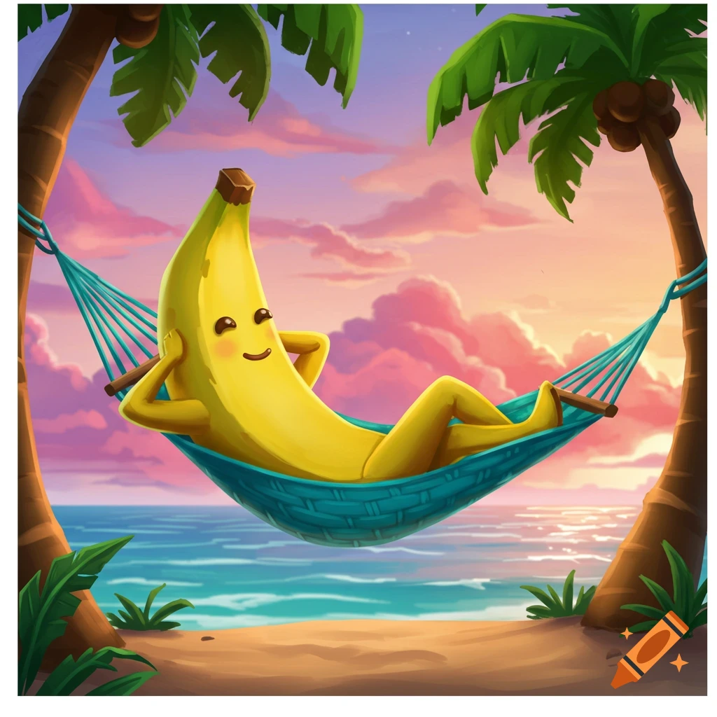 A happy cartoon banana character (Peely from Fortnite) lounges in a turquoise hammock on a tropical beach at sunset.