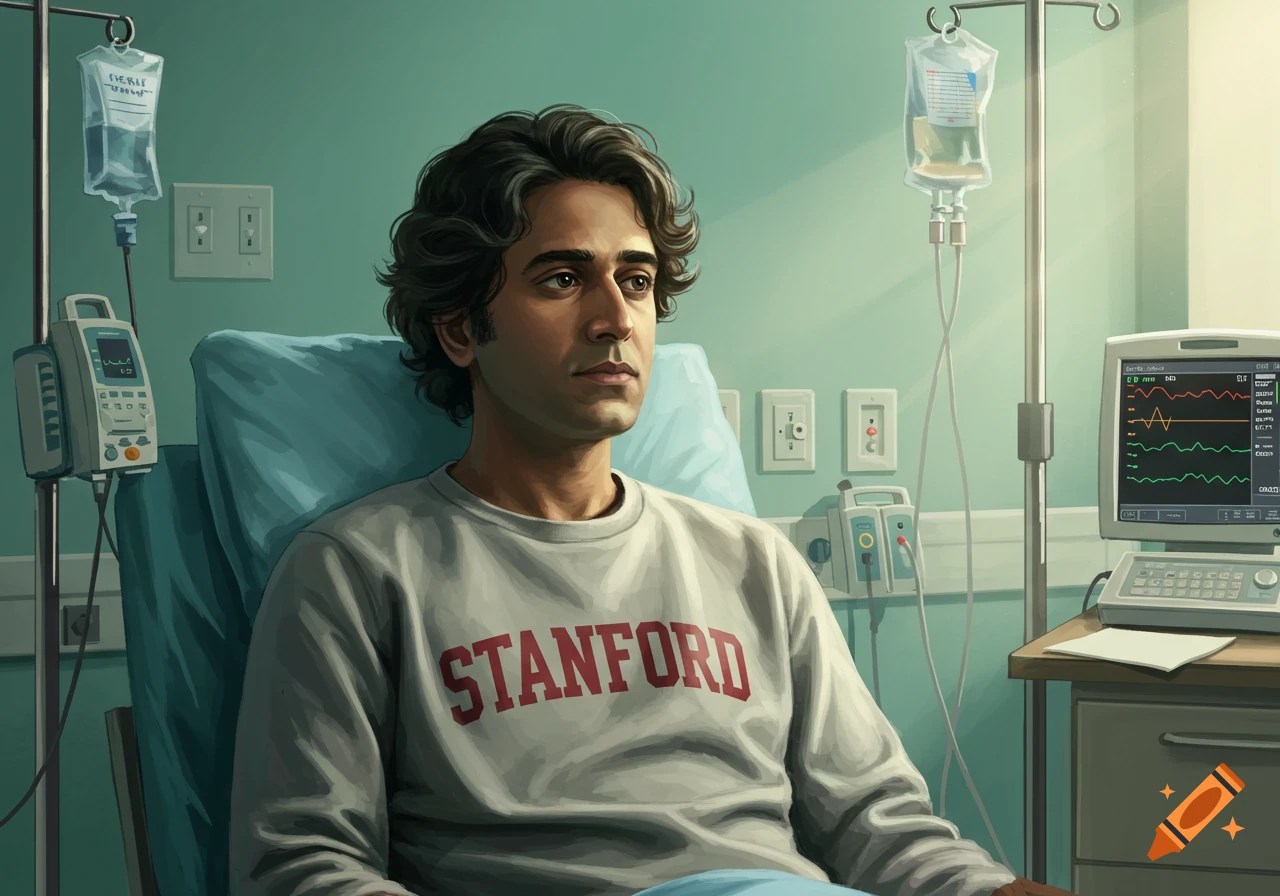 A man with dark curly hair in a grey "STANFORD" sweatshirt sits in a hospital bed with IVs and medical monitors.