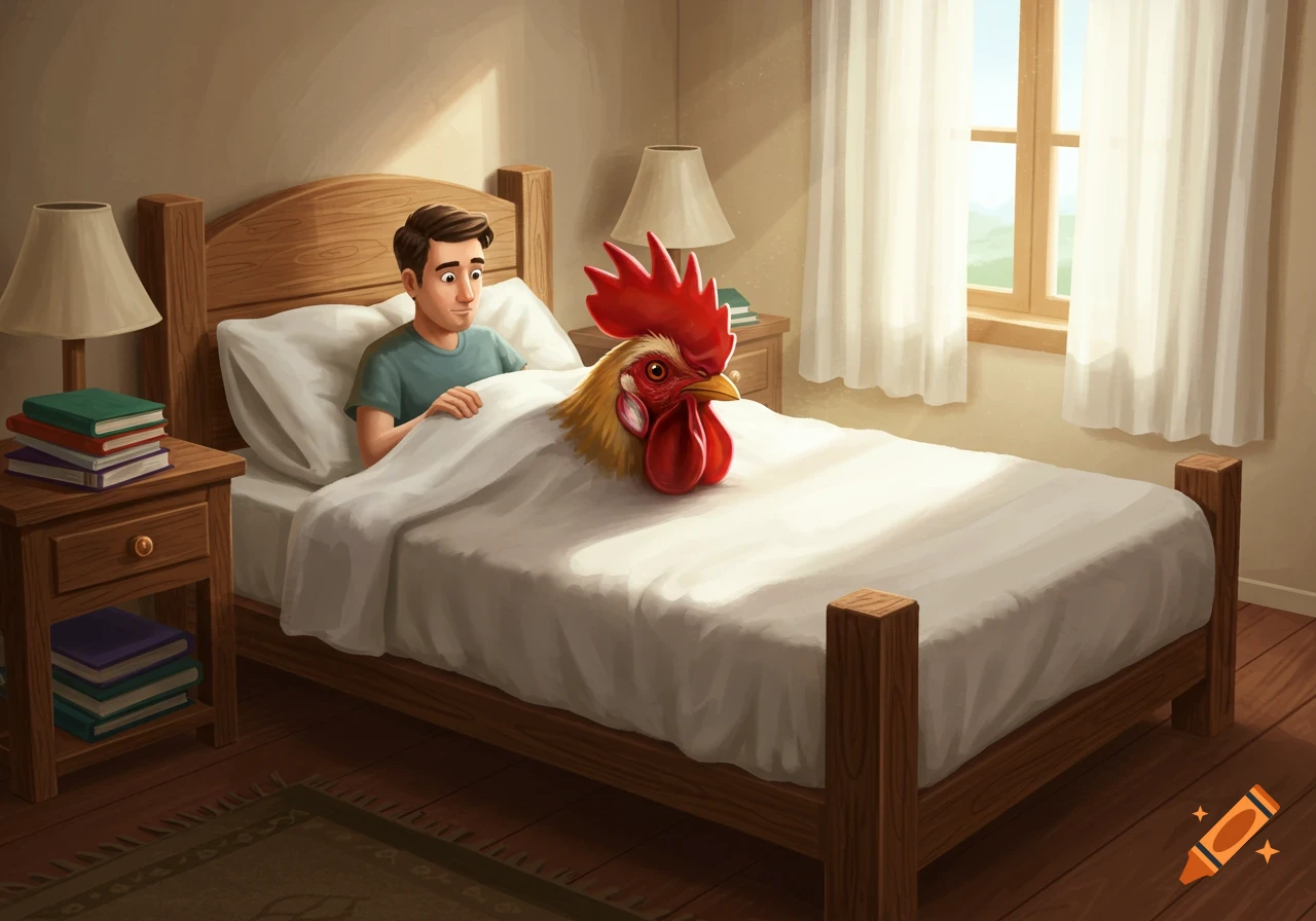 A man in bed looks with wide eyes at a large red and gold rooster head sticking out from under the white covers, in an illustrated style.