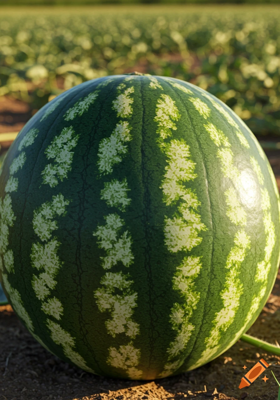 Close-up, photorealistic shot of a ripe watermelon with natural texture on its rind, resting in a sunny farm field.