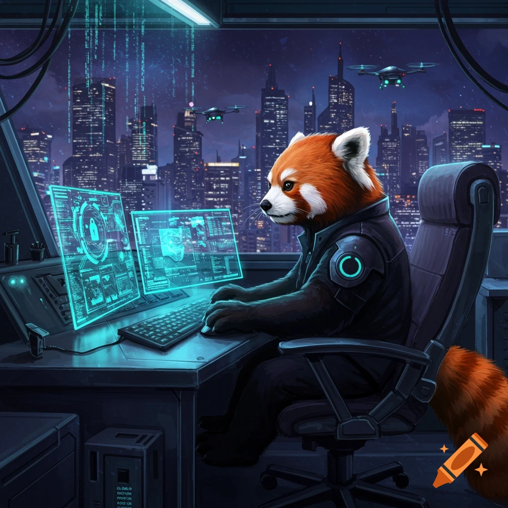 A red panda in a black jacket sits at a desk, typing on a keyboard, with two glowing computer screens in a futuristic city office at night.