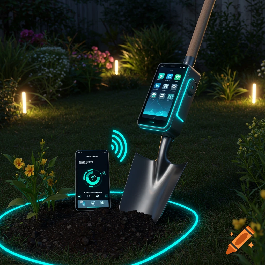 A smart shovel with a glowing blue digital display and a separate smartphone in a dark garden with illuminated plants.