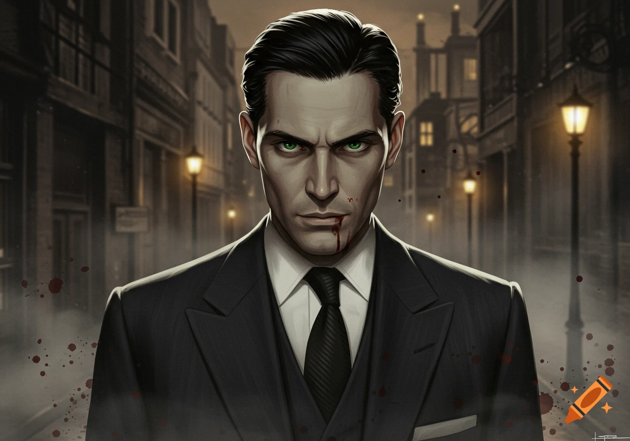 A pale man with green eyes and blood on his lip and shirt, wearing a suit, stands in a dark 1930s street with gas lamps.