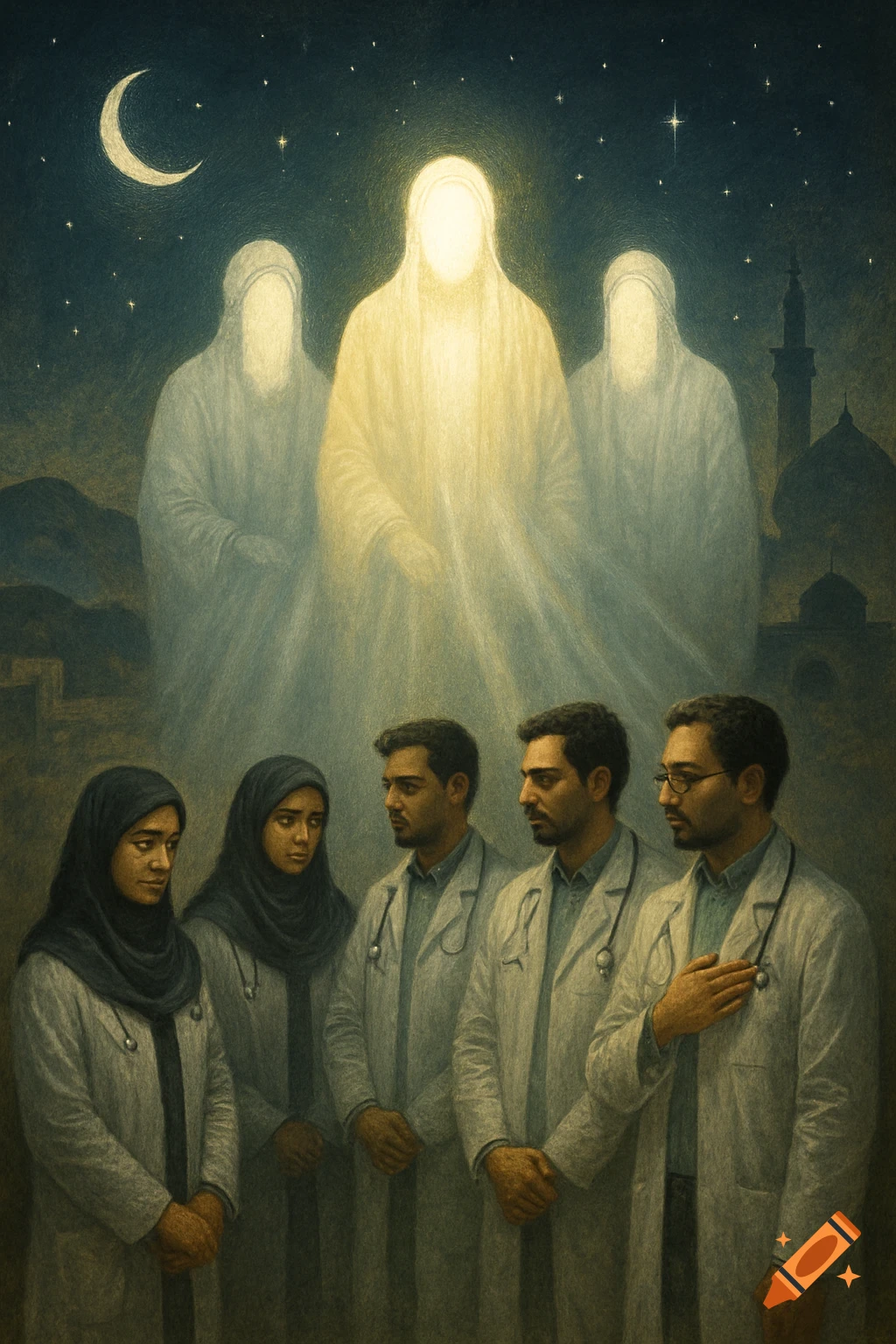 Five doctors, two women in hijabs and three men, stand before three glowing spiritual figures under a crescent moon and starry night with a mosque in the background. Painterly style.