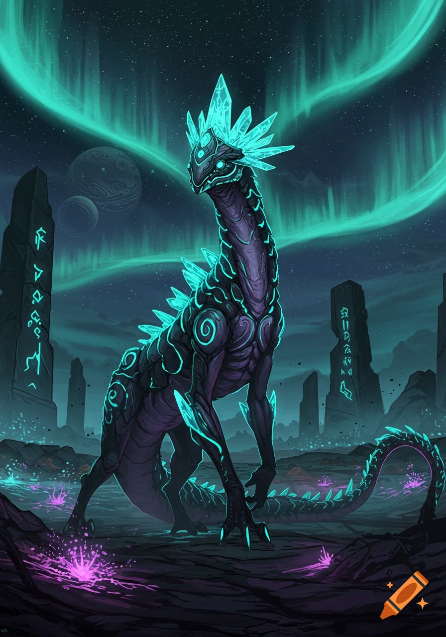 A majestic crystalline creature with glowing teal patterns stands on a rocky alien landscape under a starry sky with a bright aurora and ancient runic pillars.