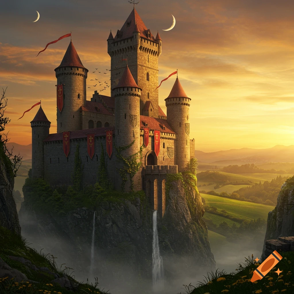 Majestic fantasy castle on a rocky cliff with waterfalls, under a dramatic sunset sky and two crescent moons.