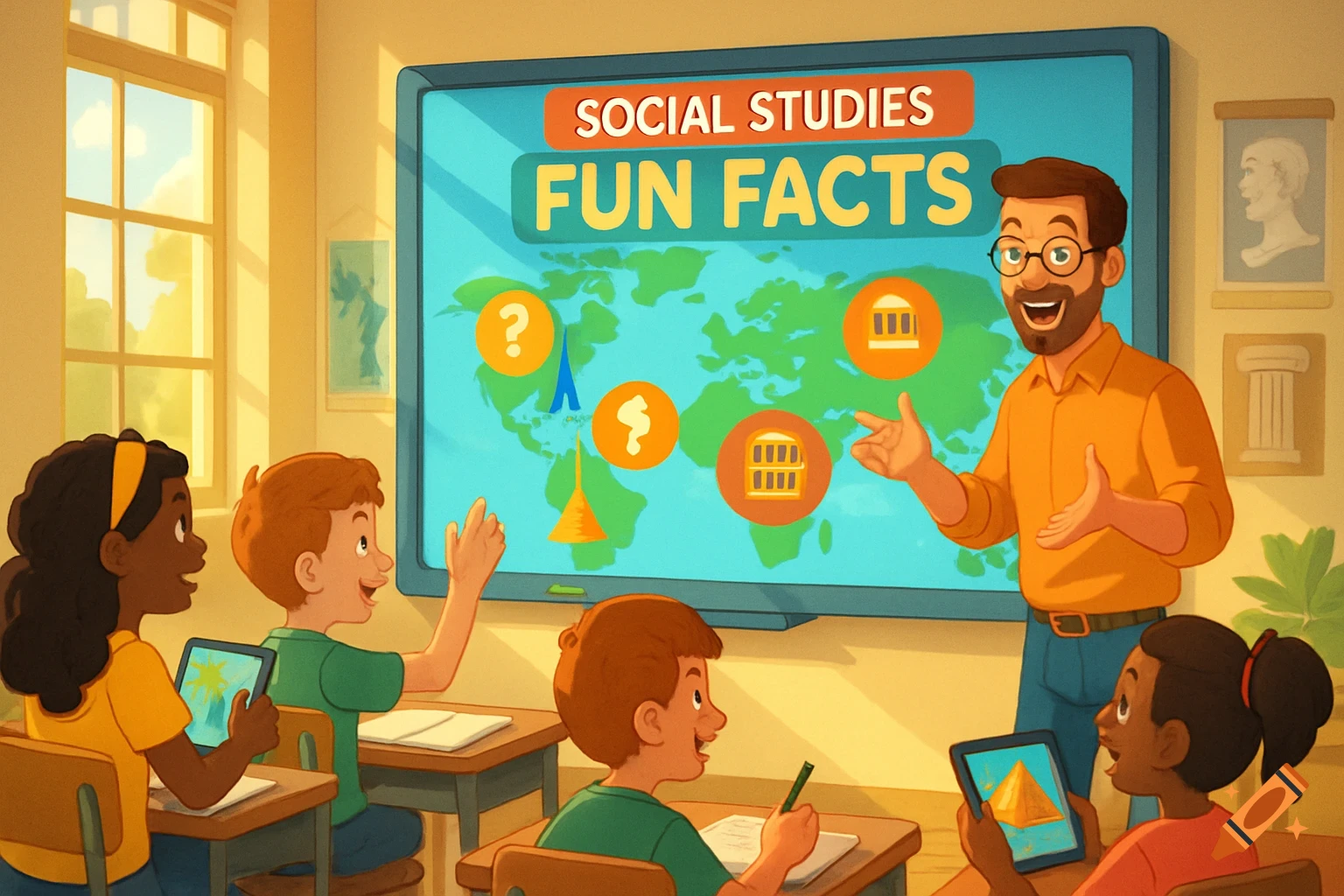 A diverse group of children in a classroom learning social studies from a teacher presenting 'Fun Facts' on a screen with a world map.