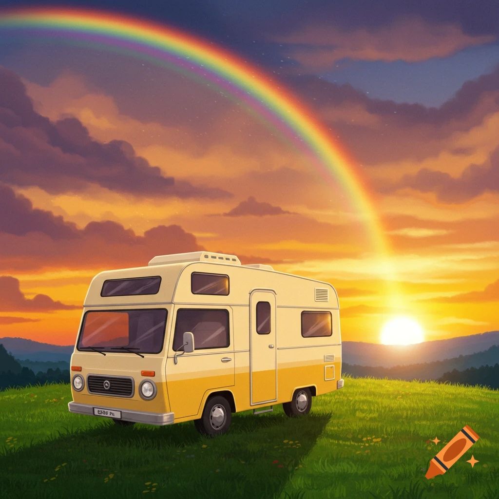 A cream and yellow camper van parked on a green grassy hill under a vibrant rainbow and a beautiful sunset with orange and purple clouds.