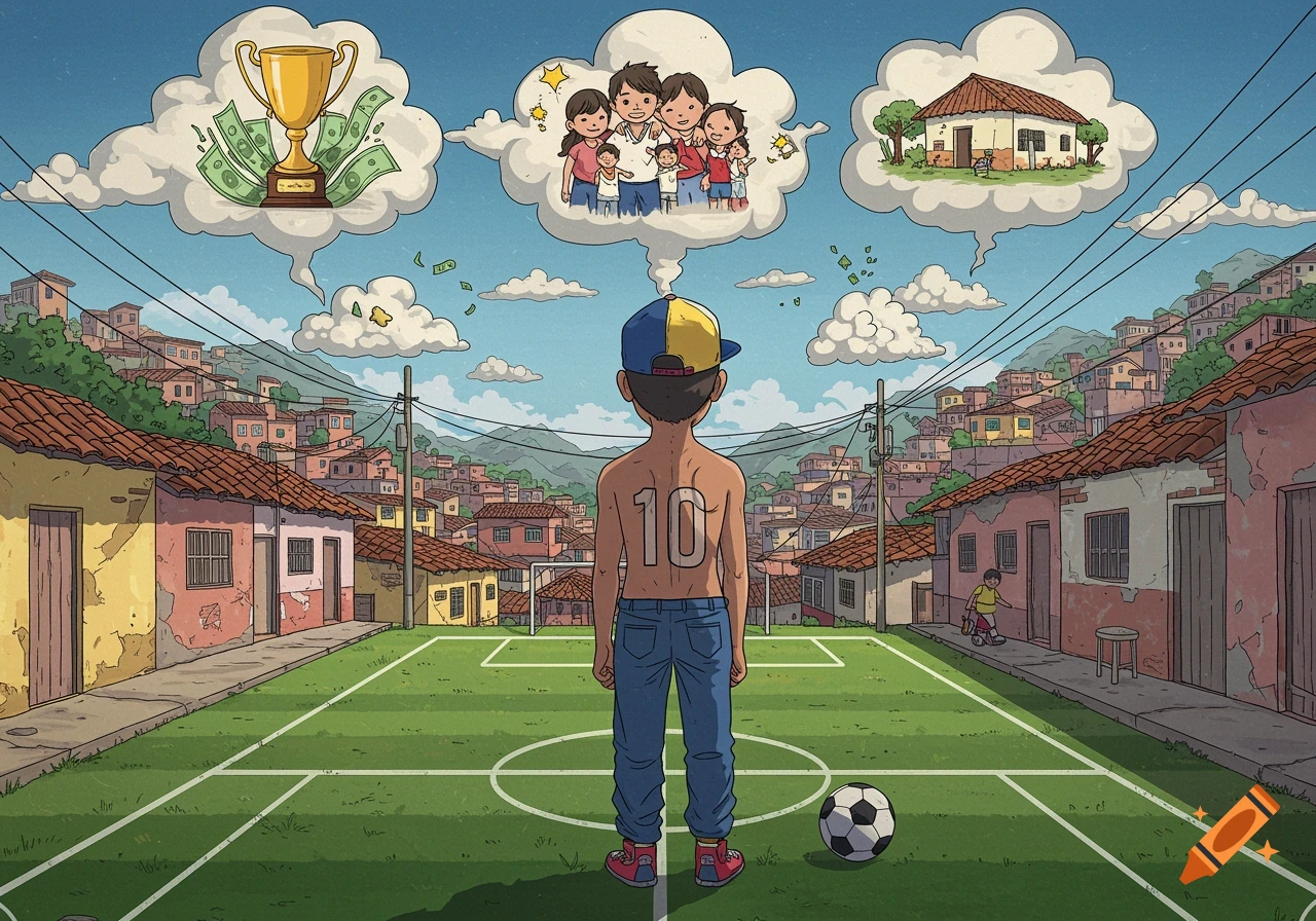 An anime illustration of a boy with '10' on his back, standing on a soccer field in a Colombian barrio, dreaming of a trophy, family, and a house.