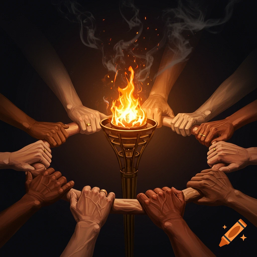 Illustrated image of diverse hands in a circle, holding each other, surrounding a lit torch.