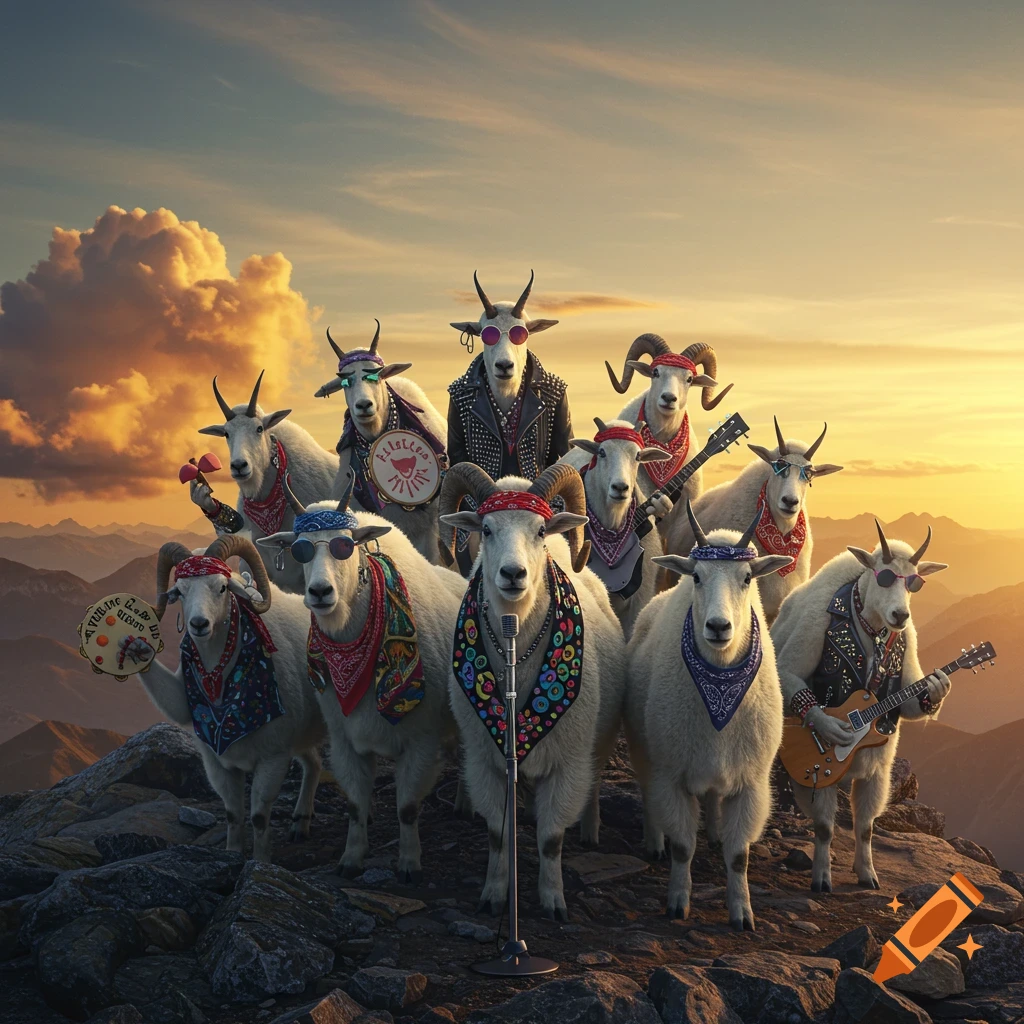 A group of mountain goats dressed as a rock band, wearing bandanas and sunglasses, posing on a rocky mountain peak at sunset, with a golden sky and mountains in the background.