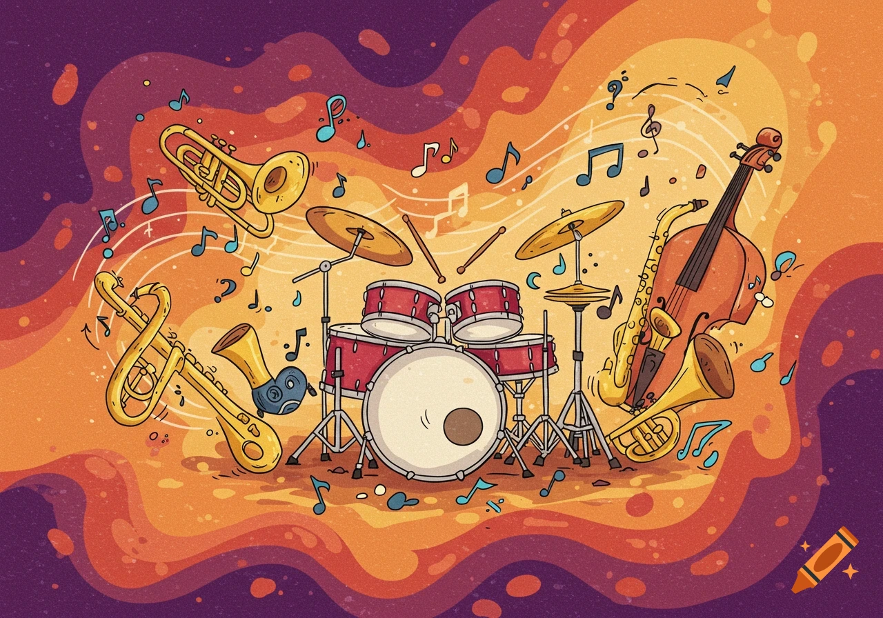 A colorful cartoon illustration of musical instruments including a drum kit, trumpet, saxophone, and cello surrounded by musical notes.