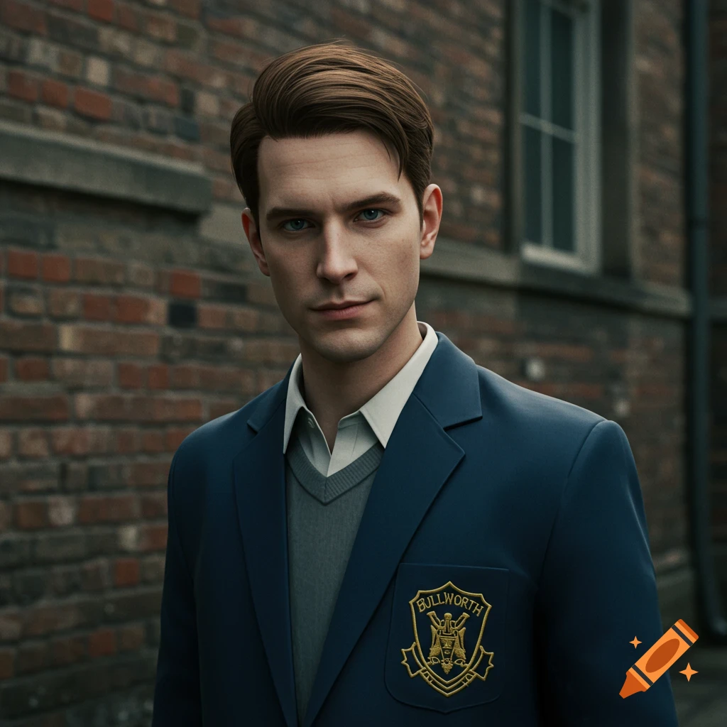 Photorealistic portrait of a young man in a dark blue school blazer with a Bullworth crest, standing against a brick wall.