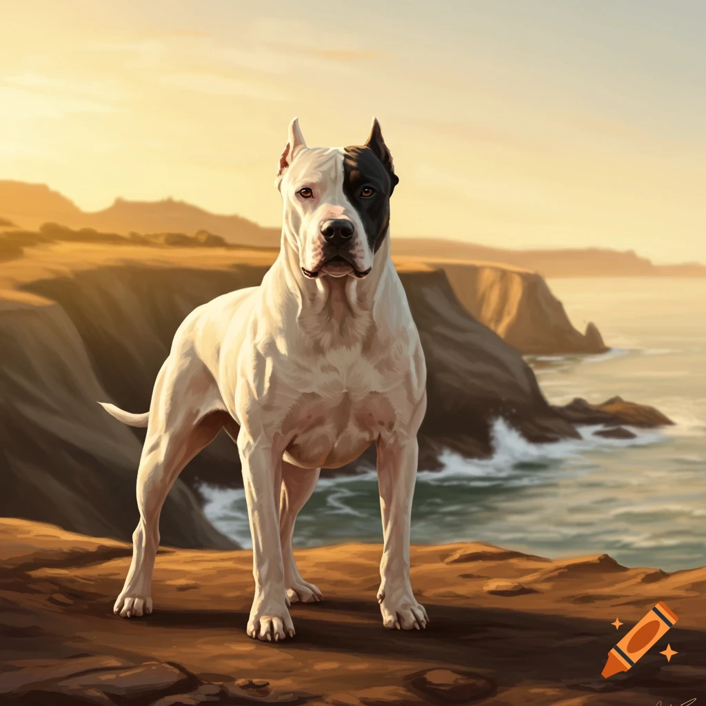 A white Dogo Argentino with a black patch over its left eye stands on a cliff overlooking the ocean at sunset.