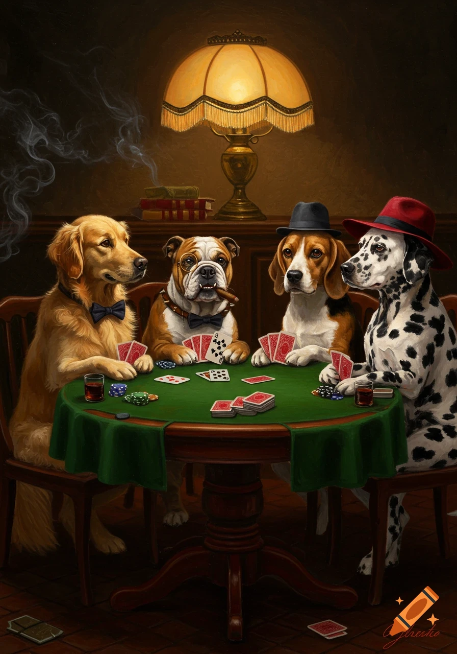 Oil painting of four dogs playing poker around a green table. A bulldog smokes a cigar, while a golden retriever, beagle, and dalmatian hold cards.