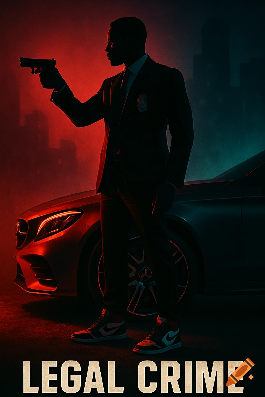 A cinematic poster featuring a man's silhouette in a suit holding a gun next to a luxury car, lit in red and blue, with 'LEGAL CRIME' text.