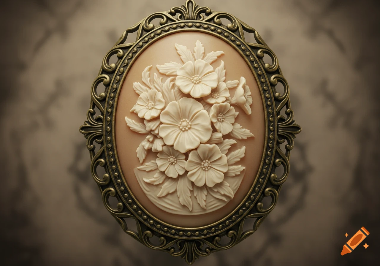 An oval Victorian cameo with an ornate bronze frame, featuring a relief carving of a bouquet of flowers in a light, creamy color.