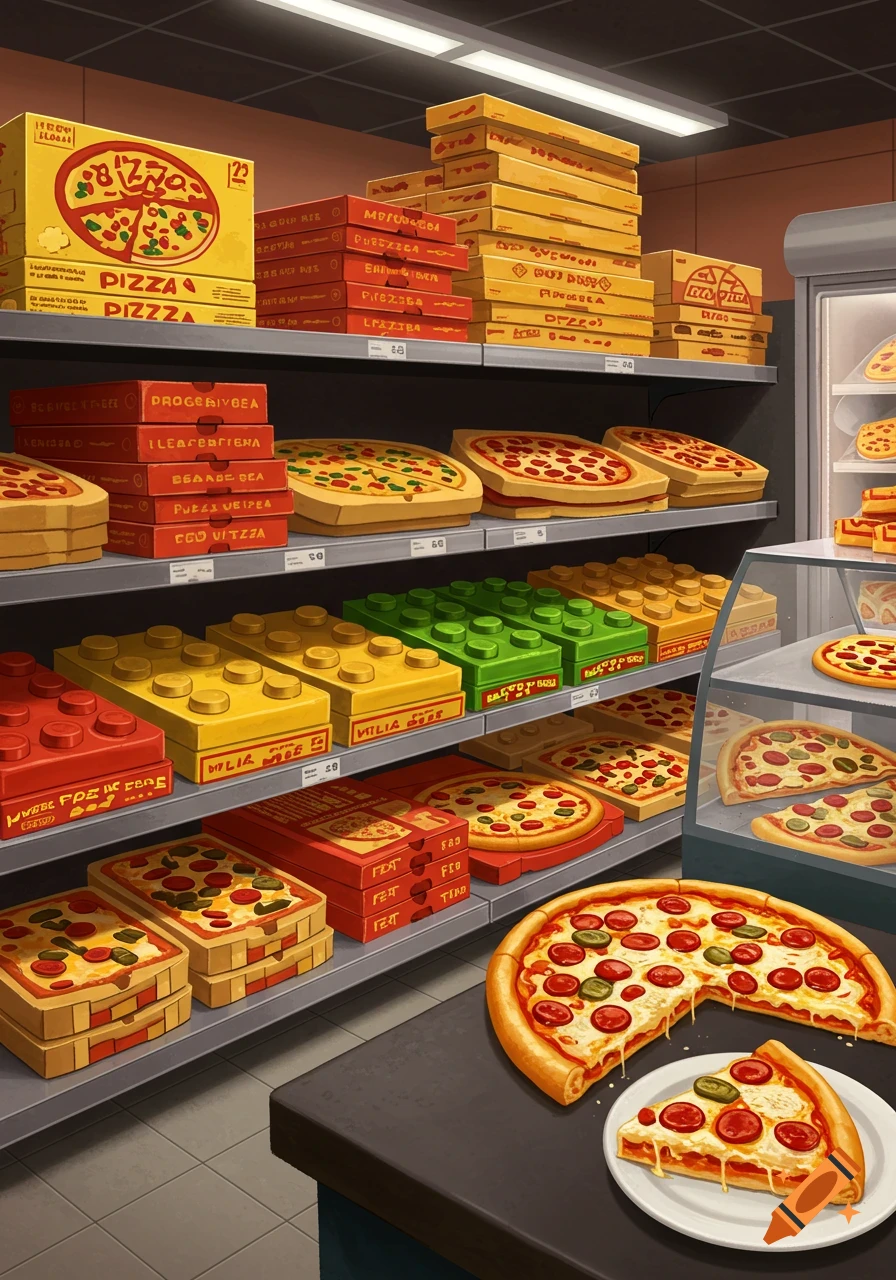 A colorful, stylized store aisle filled with pizza boxes, some shaped like Lego bricks, with a pepperoni pizza and slice in the foreground.