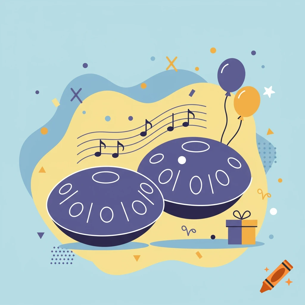 Flat illustration of two purple handpan drums with musical notes, balloons, and a gift box on a festive background.