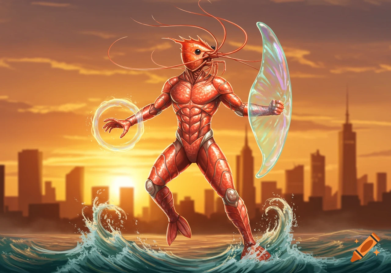A muscular shrimp-headed superhero in red armor stands on crashing waves with a shimmering shield and glowing ring, against a city skyline at sunset.
