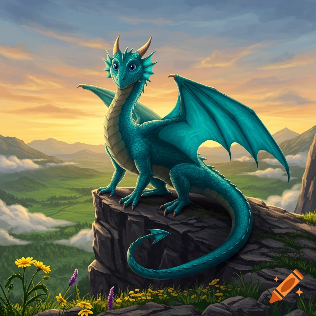 A friendly turquoise dragon with blue eyes and horns perched on a rocky cliff overlooking a lush green valley at sunset.