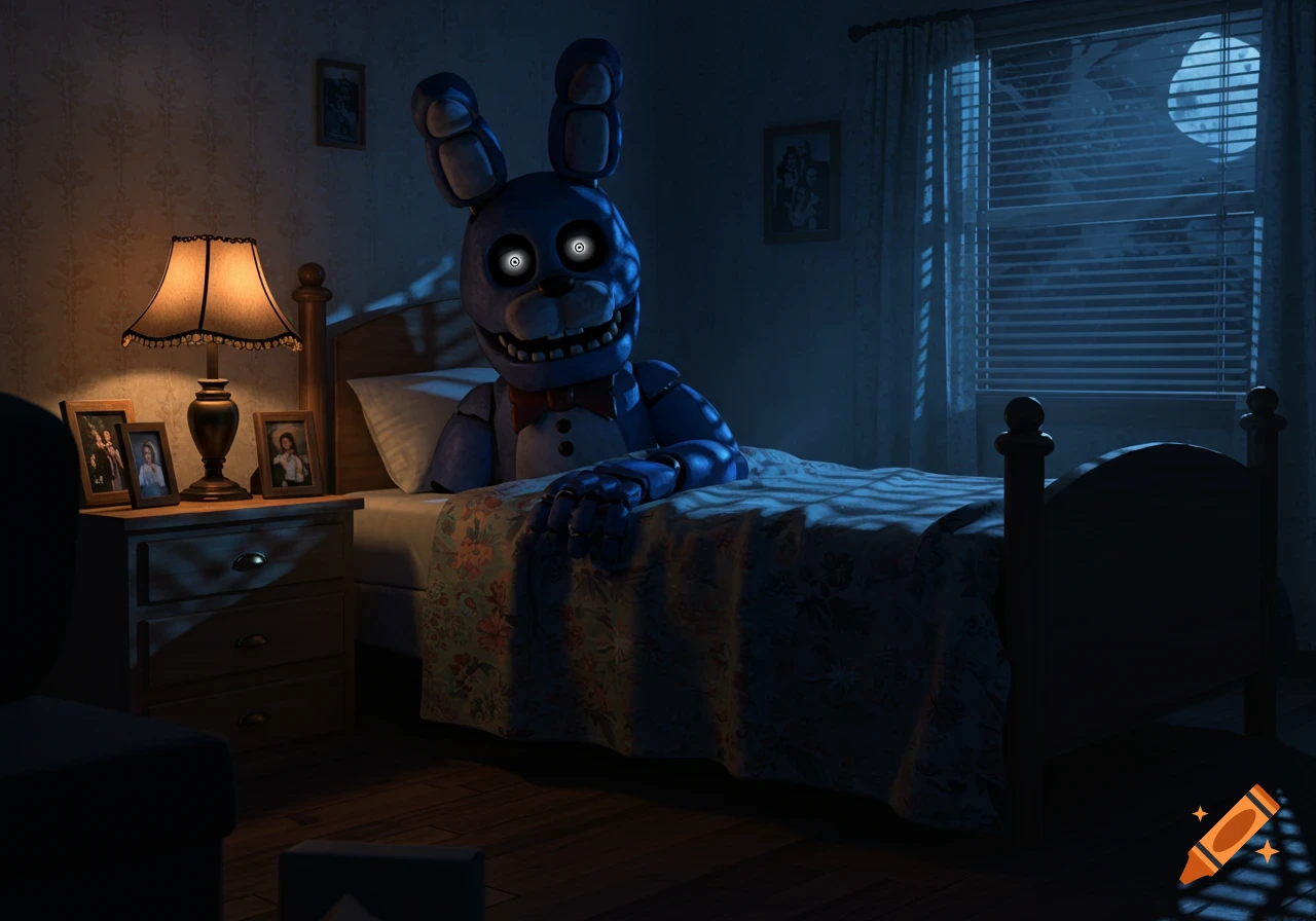 A blue animatronic rabbit with glowing white eyes lurks behind a bed in a dimly lit, moonlit bedroom, creating a creepy atmosphere.