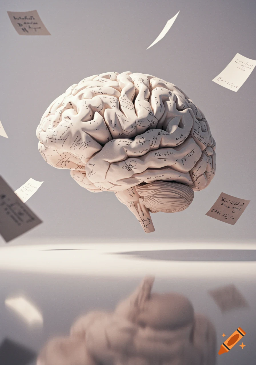 A paper-textured brain with handwritten equations floats mid-air with scattering papers against a light grey background.