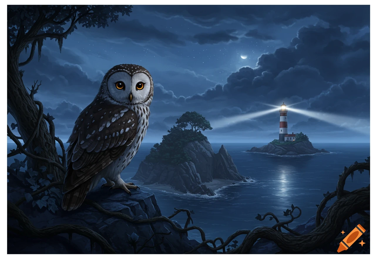 An illustrated owl with golden eyes sits on a cliff overlooking a moonlit ocean, with a distant lighthouse on an island.