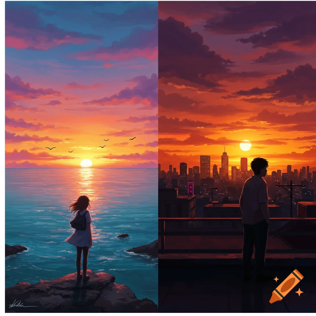 Anime style split image of a girl watching a sunset over the ocean and a boy watching a city sunset from a rooftop.