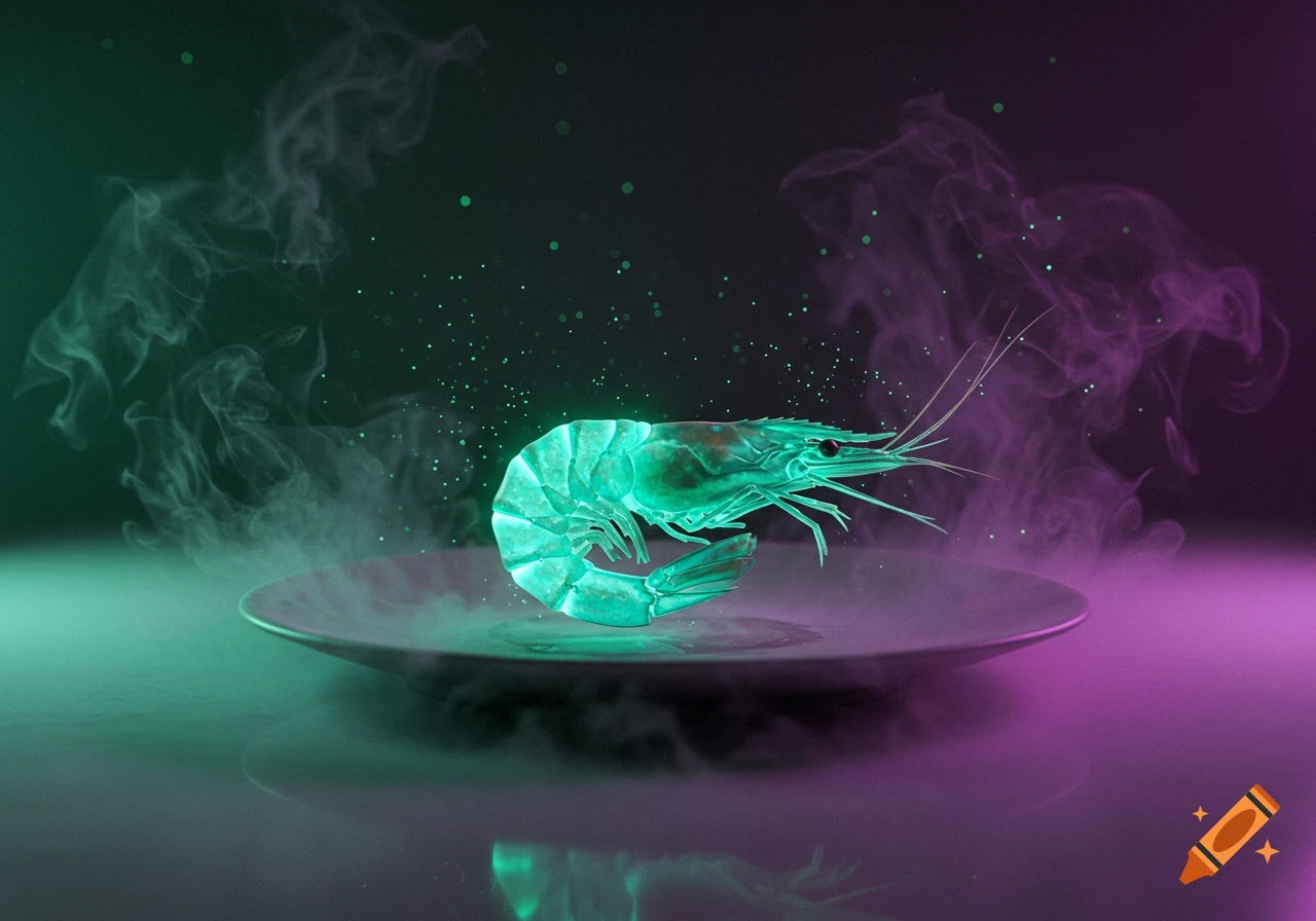 A glowing green shrimp sits on a plate surrounded by green and purple smoke and glowing particles.