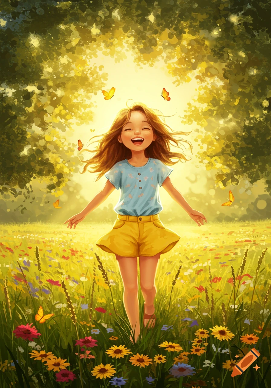 A happy cartoon girl with long brown hair, wearing a blue shirt and yellow shorts, runs through a sunny field of colorful wildflowers with butterflies.