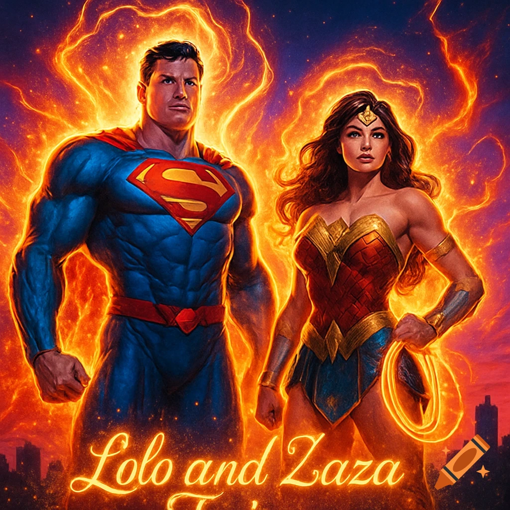 Superman and Wonder Woman stand side-by-side with a fiery orange aura, a cityscape below, and 'Lolo and Zaza' glowing at the bottom, in a vibrant comic book art style.