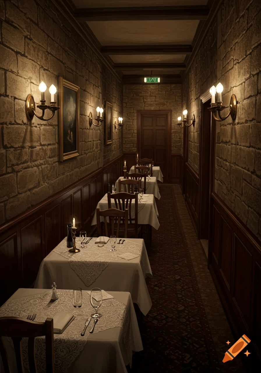 A narrow, dimly lit dining corridor in an old building, with stone walls, wooden wainscoting, and tables set for dinner.