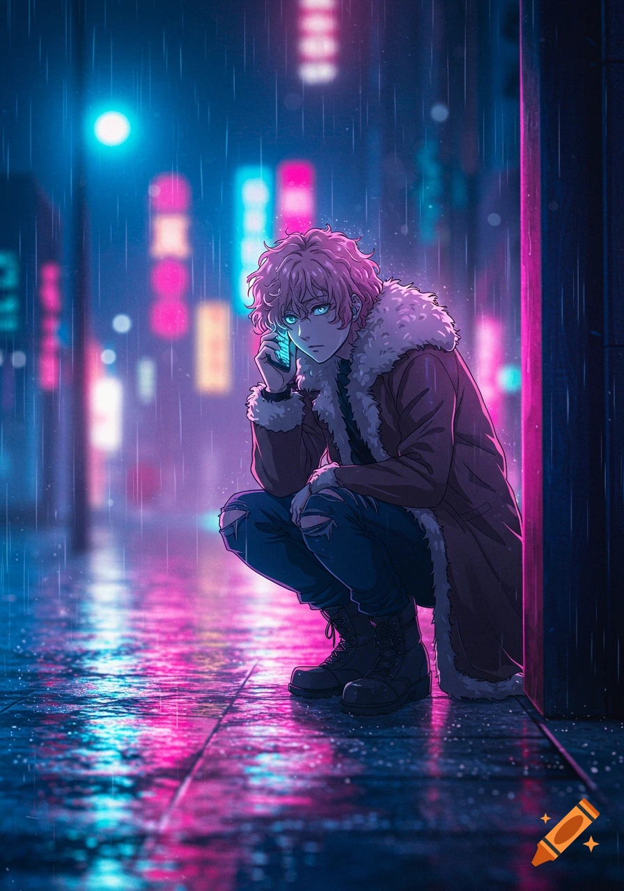An anime man with pink curly hair, wearing a fur-lined coat, squats in a rainy, neon-lit city street, holding a phone to his ear.